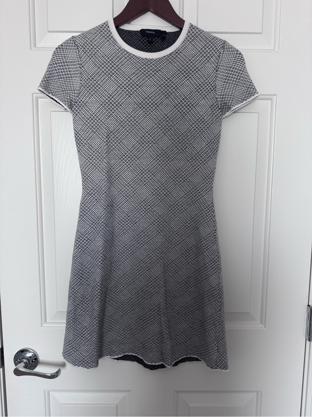 Theory Black and White Short-Sleeve Textured Mini Dress
